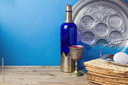 Jewish holiday Passover background with matzo and wine