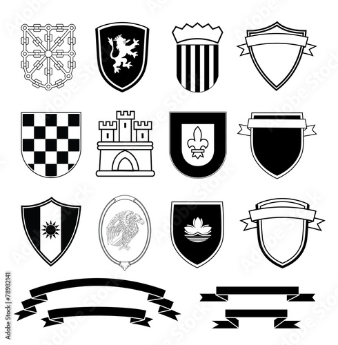 shields and ribbons elements set, vector illustration.