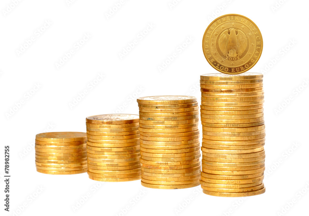 Savings, increasing columns of gold coins isolated on white back Savings, increasing columns of gold coins isolated on white back