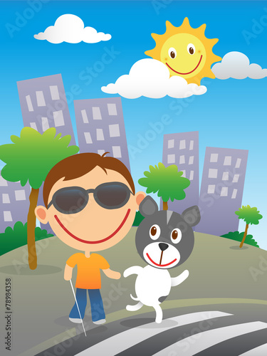 Happy blind child with his guide dog