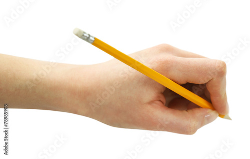 Male hand with pencil isolated on white