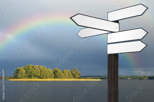 Guidepost on a lakeshore