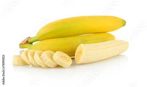 Bunch of bananas with slices on white background