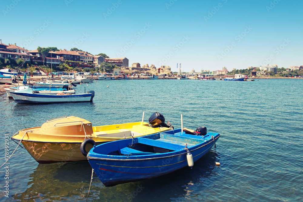 Small fishing boats moored in Nessebar town, Bulgaria