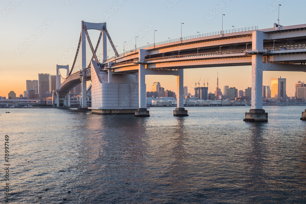 Sunset at Rainbow bridge with Tokyo tower in background Sunset at Rainbow bridge with Tokyo tower in background