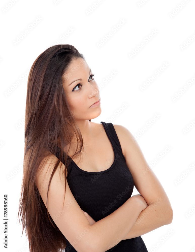 Cute teenager girl with long hair looking up Cute teenager girl with long hair looking up