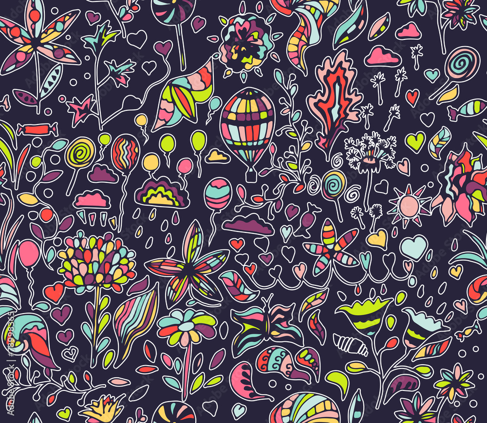 Naklejka premium Vector seamless pattern, hand drawn, doodles. Summer background.