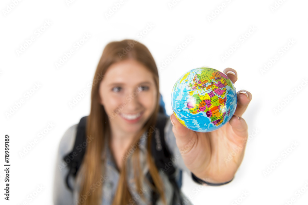 student girl with little world globe choosing trip destination student girl with little world globe choosing trip destination