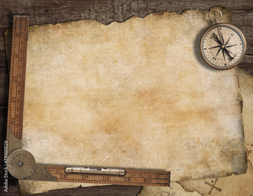 Blank treasure map background with, old compass and ruler
