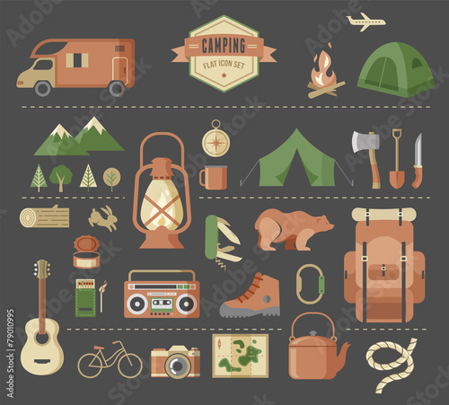 Hiking and camping equipment  - icon set and infographics