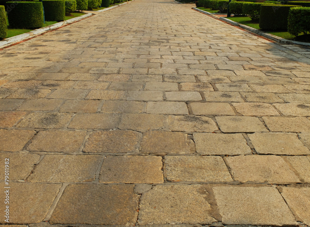 Stone Walkway Background Texture with Bushes Alongside