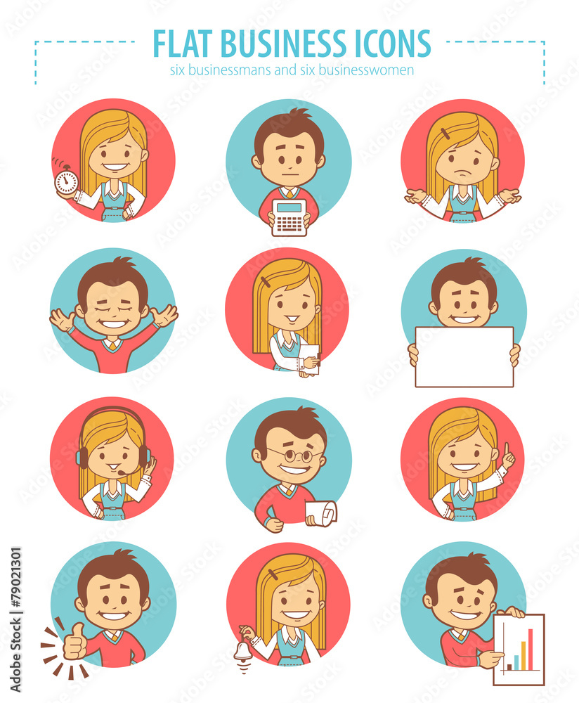 Set of flat business icons with businessmans and businesswomen Set of flat business icons with businessmans and businesswomen