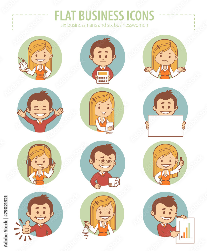 Set of flat business icons with businessmans and businesswomen