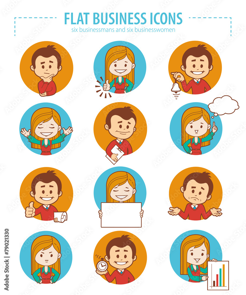 Set of flat business icons with businessmans and businesswomen Set of flat business icons with businessmans and businesswomen