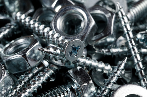 Bolts, screws and nuts. Macro shot.