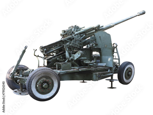 Russian old green anti-aircraft gun isolated over white