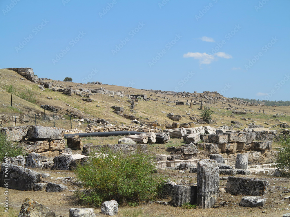 Ruins of the ancient city of Hierapolis and blue sky