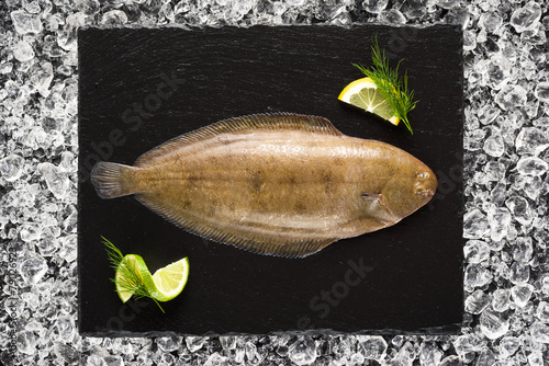 Tableau sur toile Sole fish on ice on a black stone plate top view