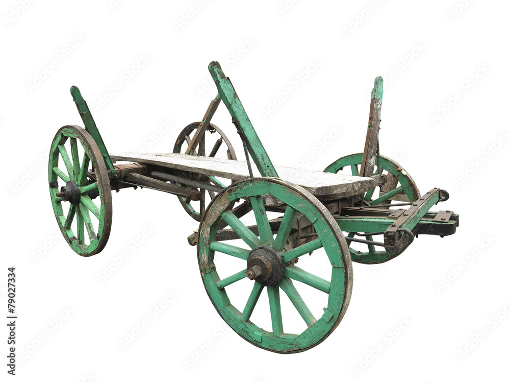 Fototapeta premium Vintage old rough wooden cart isolated on white