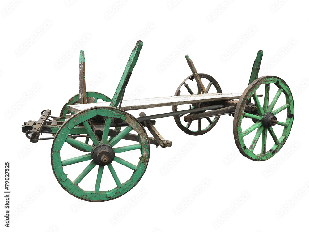 Fototapeta premium Vintage old rough wooden cart isolated on white