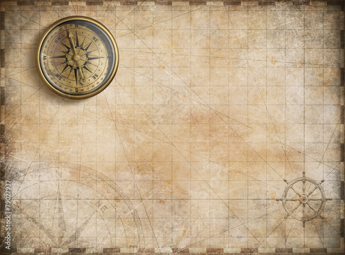 vintage golden compass with nautical map background