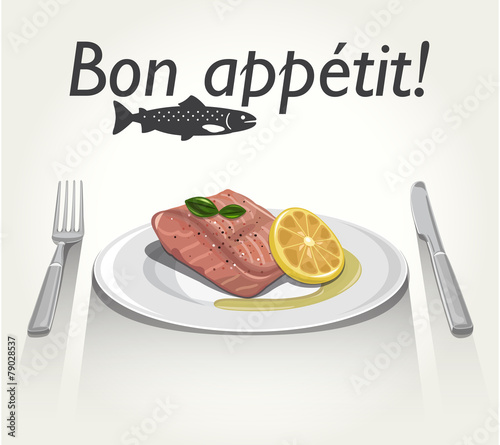 Vector Grilled Salmon Fillet with Lemon and Basil on plate