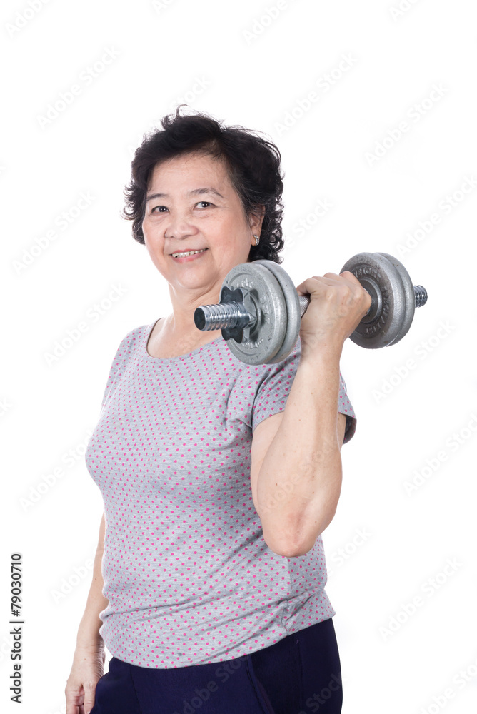 Asian strong senior woman lifting weights, isolated on white bac