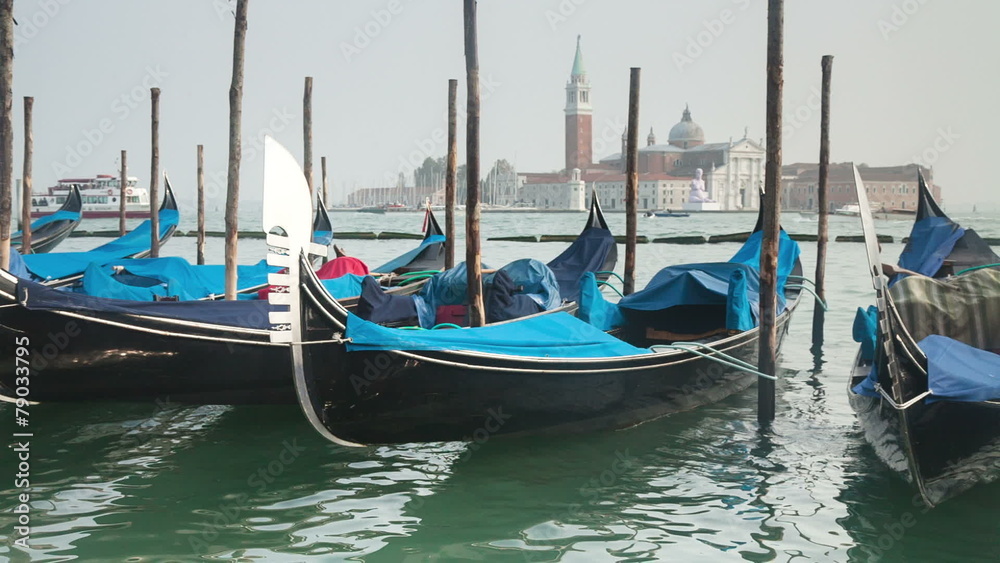Venetian gondolas tied near the pier on San Marco Venetian gondolas tied near the pier on San Marco