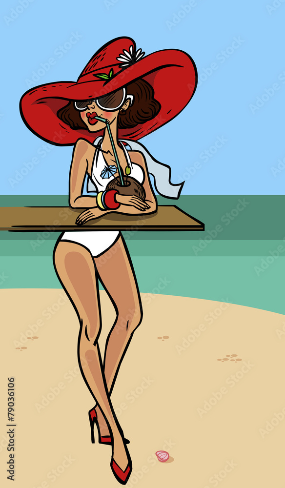 Funny cute cartoon pin-up girl on the beach.Vector illustration Stock  Vector