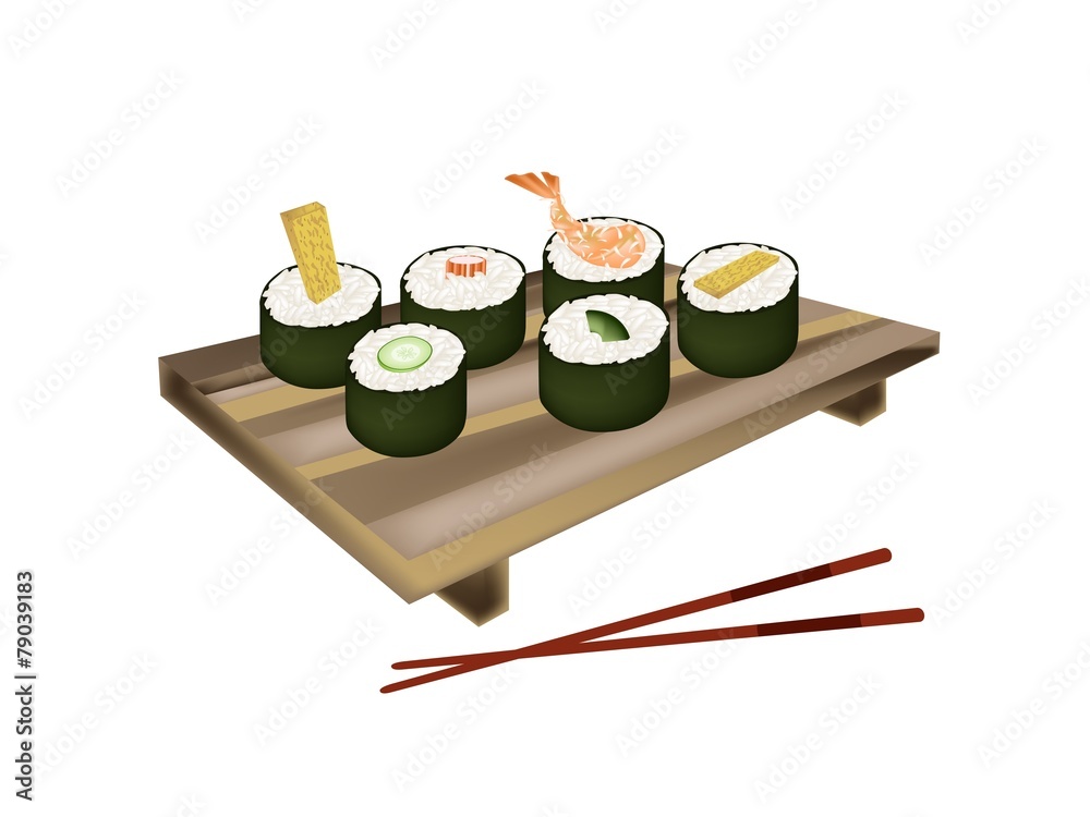Set of Sushi Roll or Makizushi on White Set of Sushi Roll or Makizushi on White