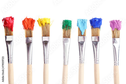 Obraz na plátně Brushes with colorful paints, isolated on white