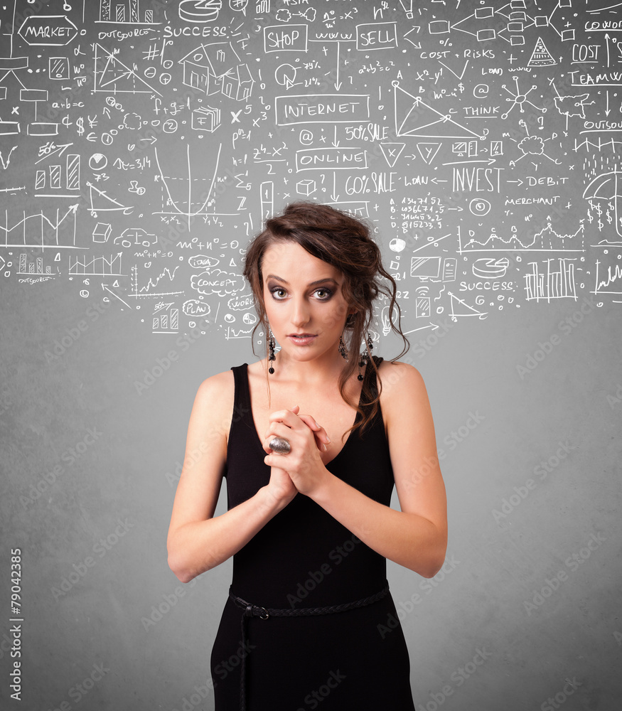 Young pretty lady with hand drawn calculations and icons