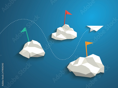 Paper plane and low polygonal clouds on blue sky. Infographics
