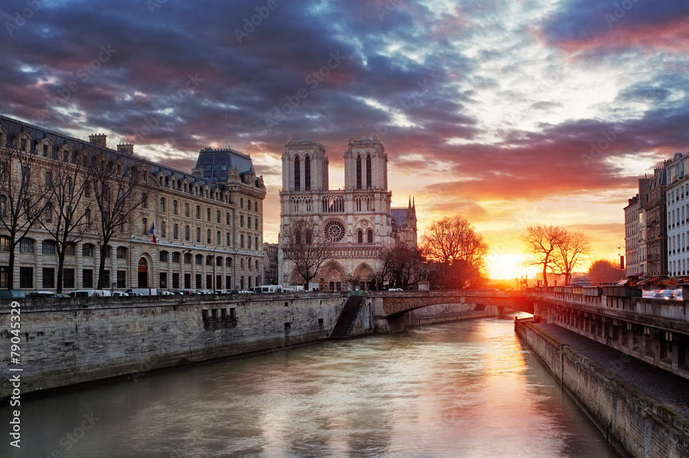 Notre Dame Cathedral at sunrise in Paris, France