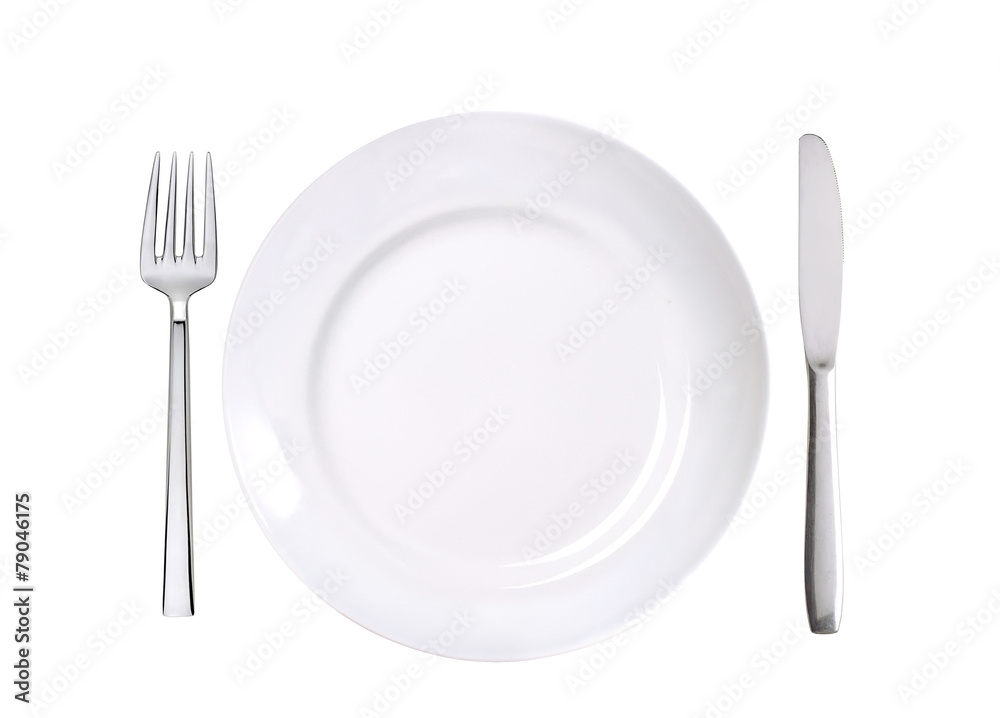 white plate, fork and knife isolated on white white plate, fork and knife isolated on white