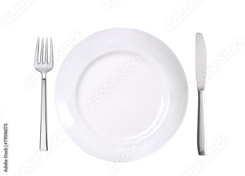 white plate, fork and knife isolated on white