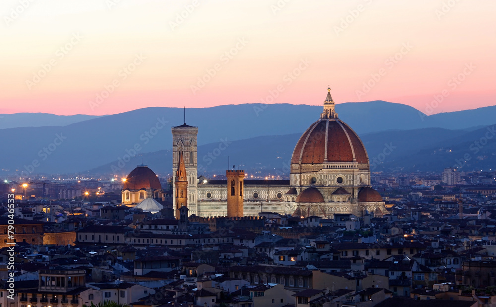 The Cathedral and Brunelleschi Dome at sunset in Florence, Italy