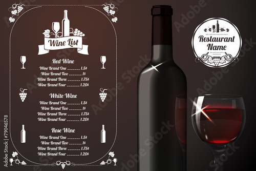 Menu template - for alcohol with realistic red bottle and glass