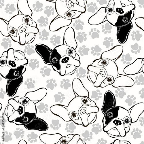 Vector seamless pattern with French Bulldog and traces.