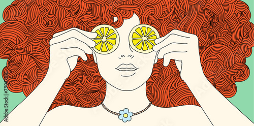 Portrait girl with curly red hair, covered her eyes with lemon