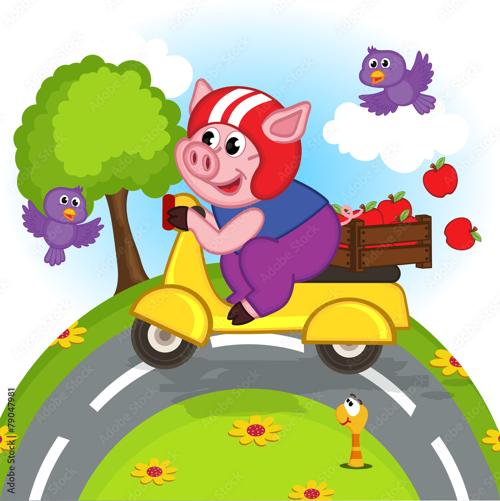 Naklejka premium pig riding a scooter- vector illustration, eps