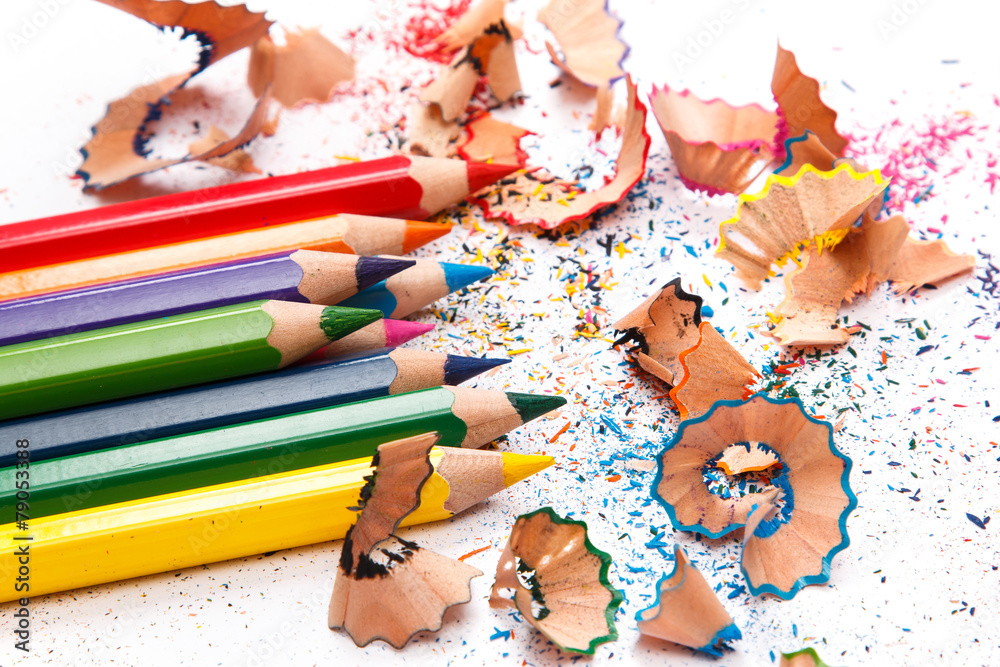 Multicolored pencils and shavings Multicolored pencils and shavings