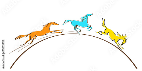 Galloping horses on white background. Line drawing. Vector