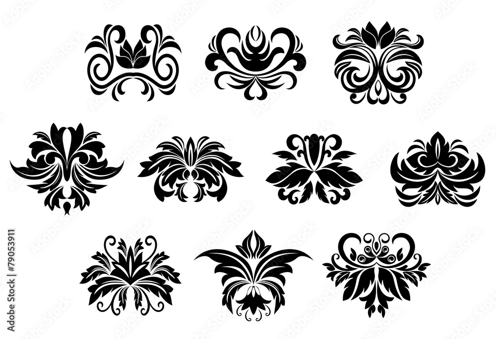 Floral design elements with leaves scrolls