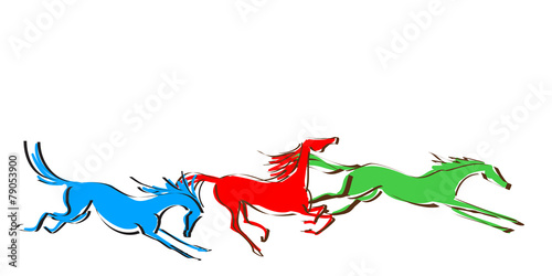Galloping horses on white background. Line drawing. Vector