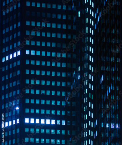 Blue lights of skyscrapers at night in Frankfurt, Germany