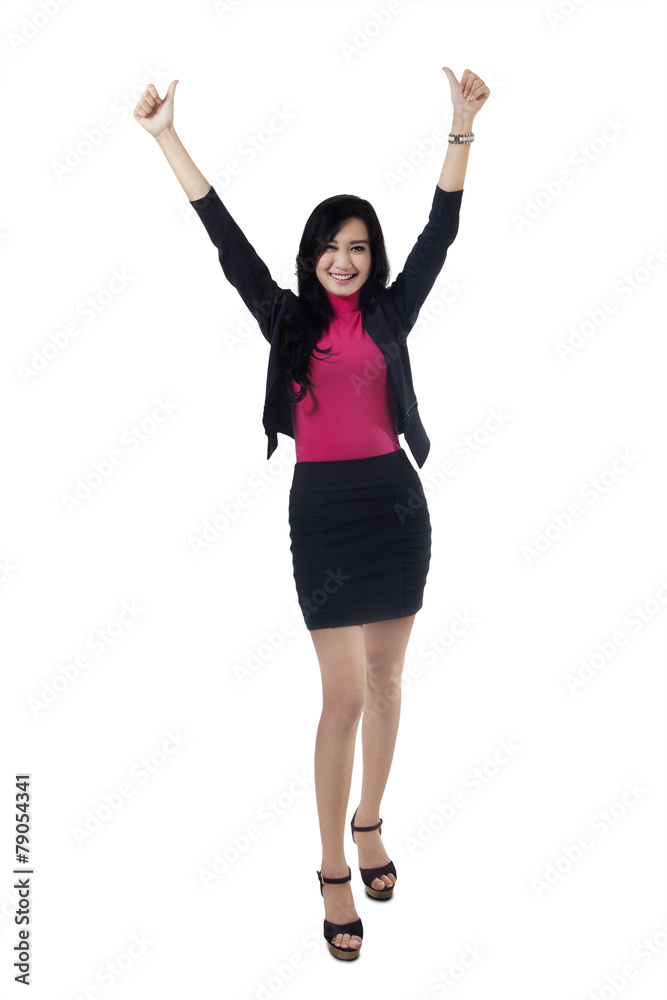 Successful woman raise hands with thumbs-up