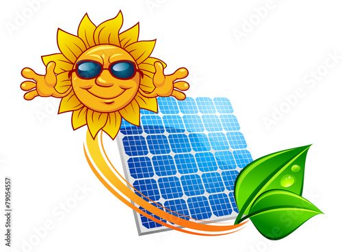 Solar panel and cartoon sun character