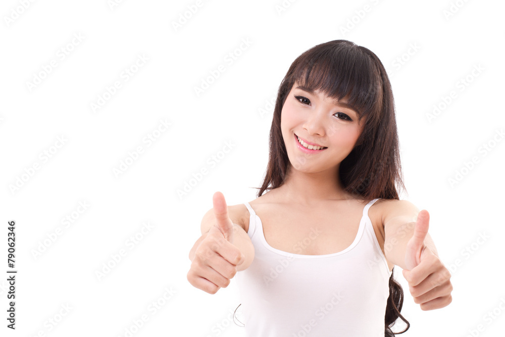 happy, smiling asian woman giving two thumbs up, isolated happy, smiling asian woman giving two thumbs up, isolated