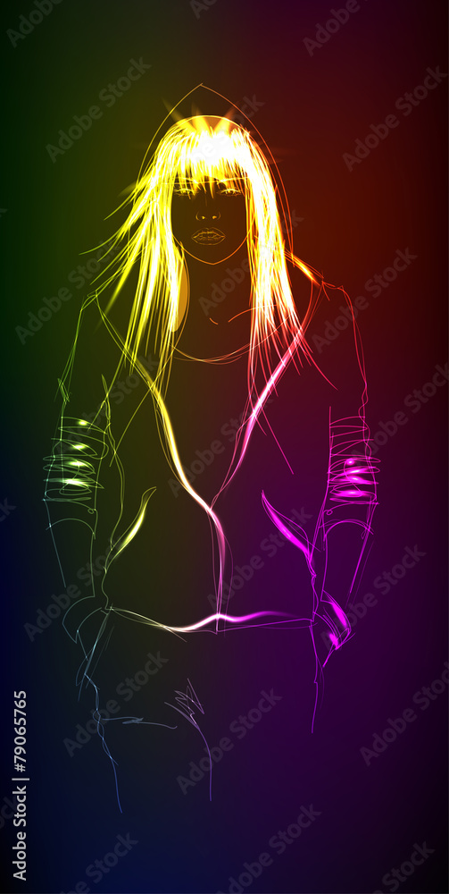 Hand-drawn fashion model from a neon. A light girl's Hand-drawn fashion model from a neon. A light girl's